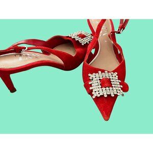 Red Suede Pointed Toe Slingback Heels With Crystal Buckle Zara Size 6.5